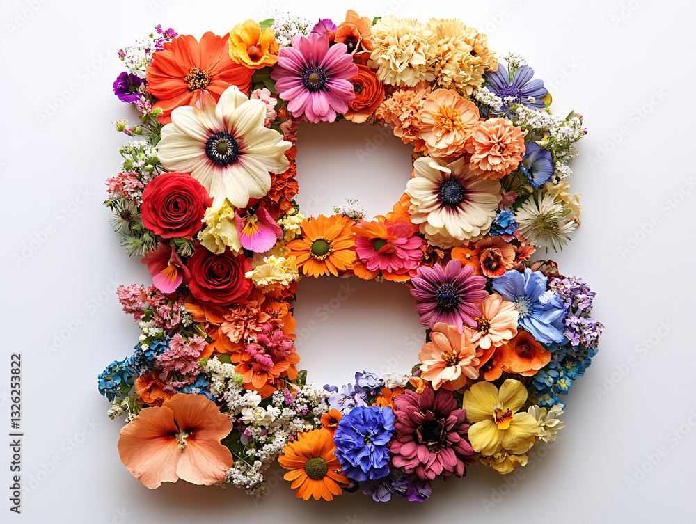 a large, stylized letter B made entirely out of colorful flowers. The flowers are arranged to form the shape of the letter, with a variety of colors and types creating a vibrant a large, stylized letter B made entirely out of colorful flowers. The flowers are arranged to form the shape of the letter, with a variety of colors and types creating a vibrant