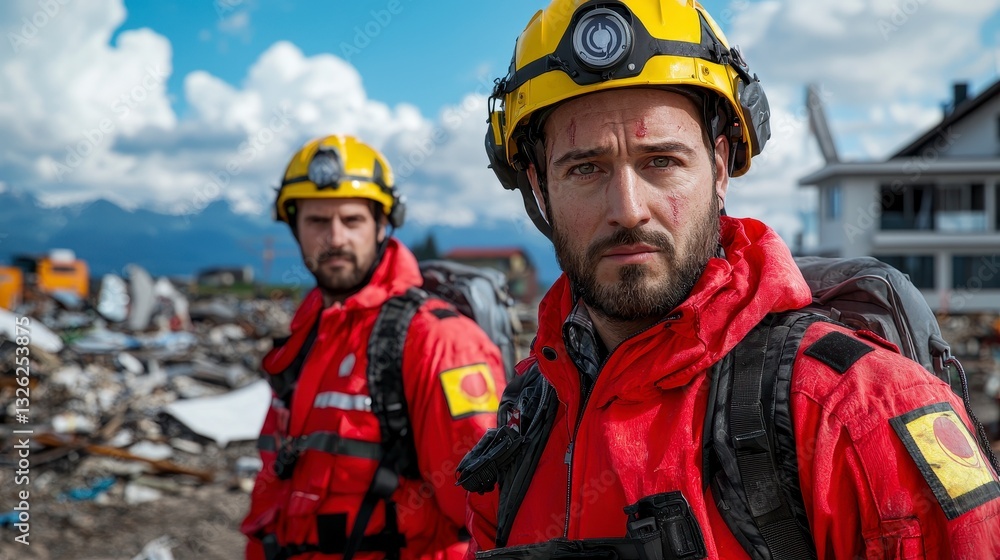 Dedicated disaster response team members in red jackets and yellow helmets providing critical aid and relief Dedicated disaster response team members in red jackets and yellow helmets providing critical aid and relief