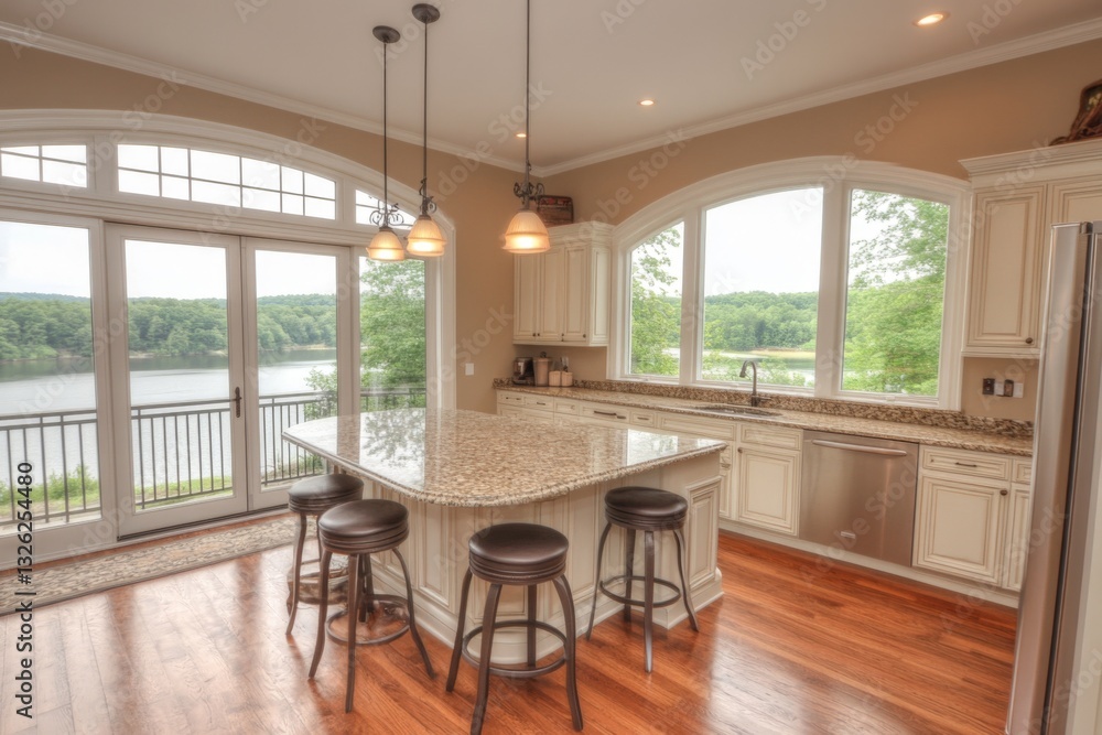 Modern kitchen with lake view featuring granite countertop and stylish seating in a serene setting Modern kitchen with lake view featuring granite countertop and stylish seating in a serene setting