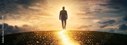 Journey of Enlightenment: A lone figure walks towards a radiant, luminous horizon. A symbol of hope, transformation, and spiritual awakening. The path ahead is illuminated.