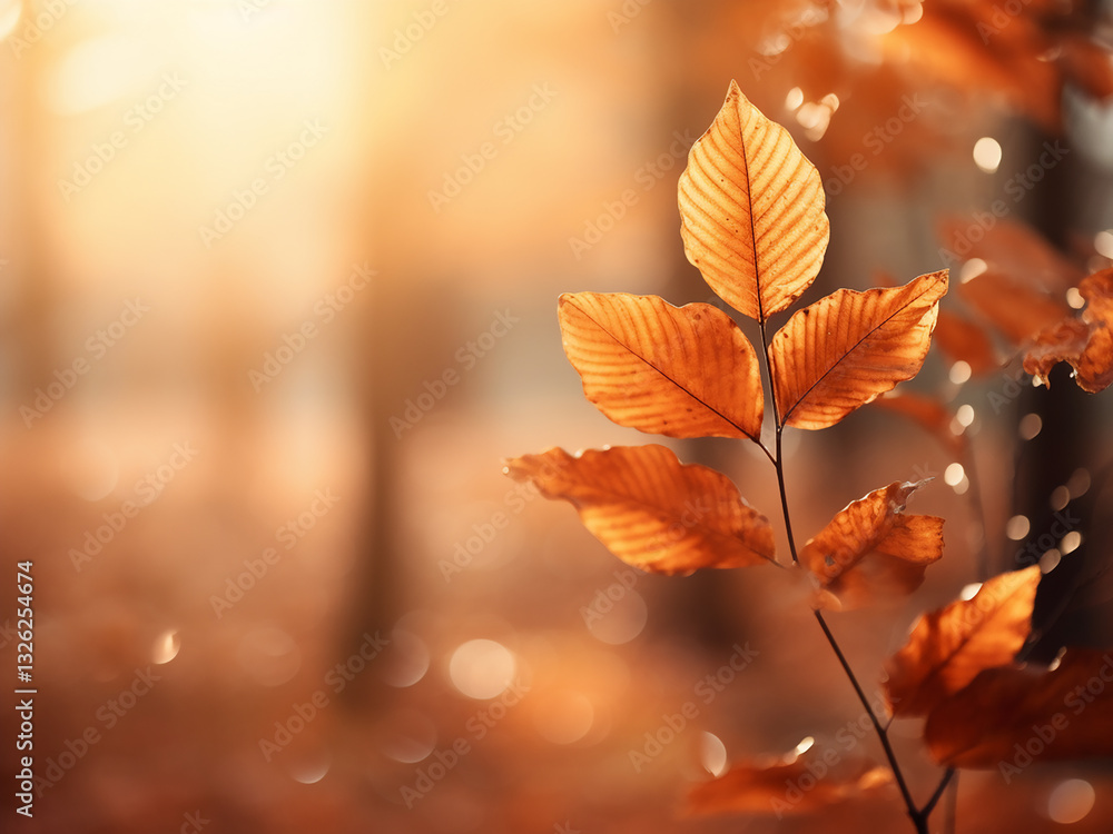 Sunlit forest with autumn leaves in warm orange tones creating a beautiful bokeh effect Sunlit forest with autumn leaves in warm orange tones creating a beautiful bokeh effect
