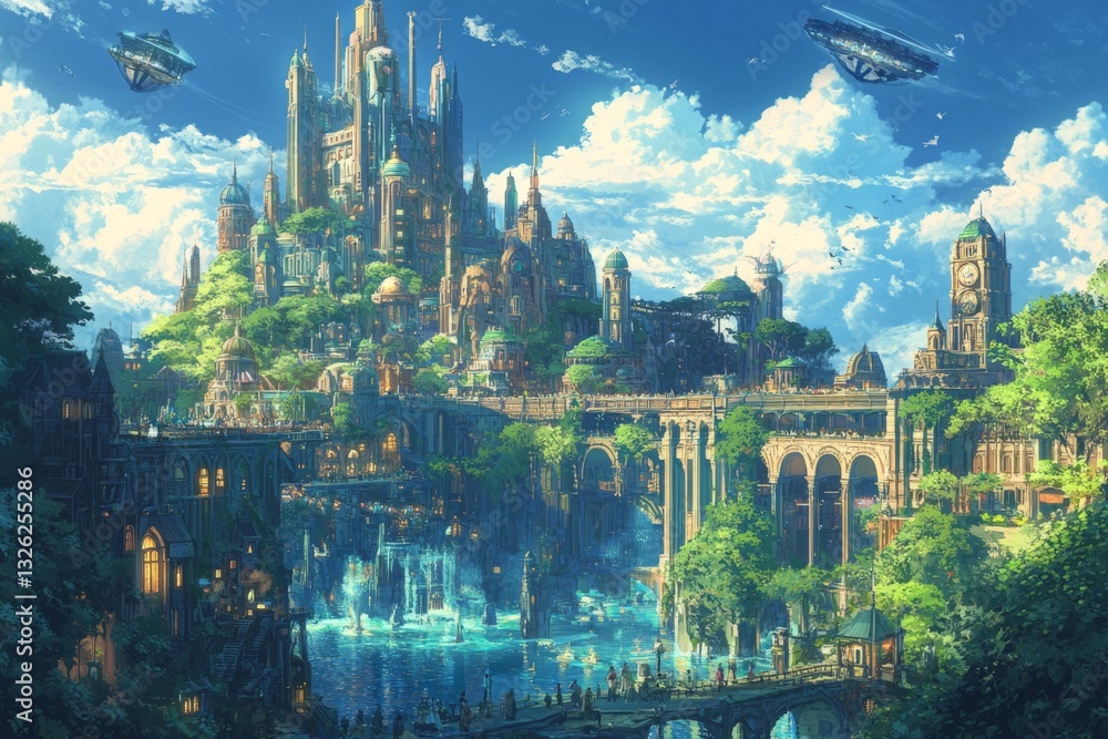 Fototapeta premium Fantasy cityscape with floating ships and vibrant architecture bathed in sunlight