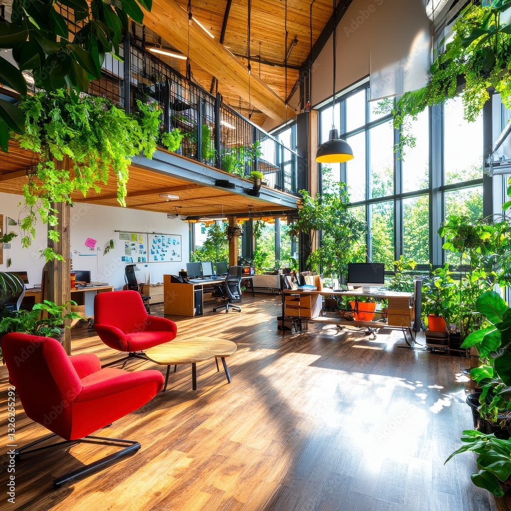 Naklejka premium Bright and Spacious Modern Office Interior with Abundant Plants
