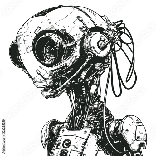 Vector illustration of a dystopian robot with a skull-like head structure featuring mechanical eyes and exposed wiring. 