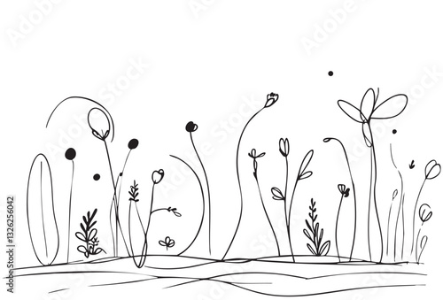 Landscape with flowers. Single one line drawing concept, doodles