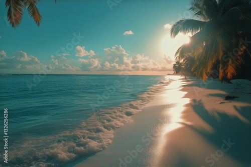 Sunset at the Beach With Gentle Waves and Palm Trees on a Peaceful Shoreline