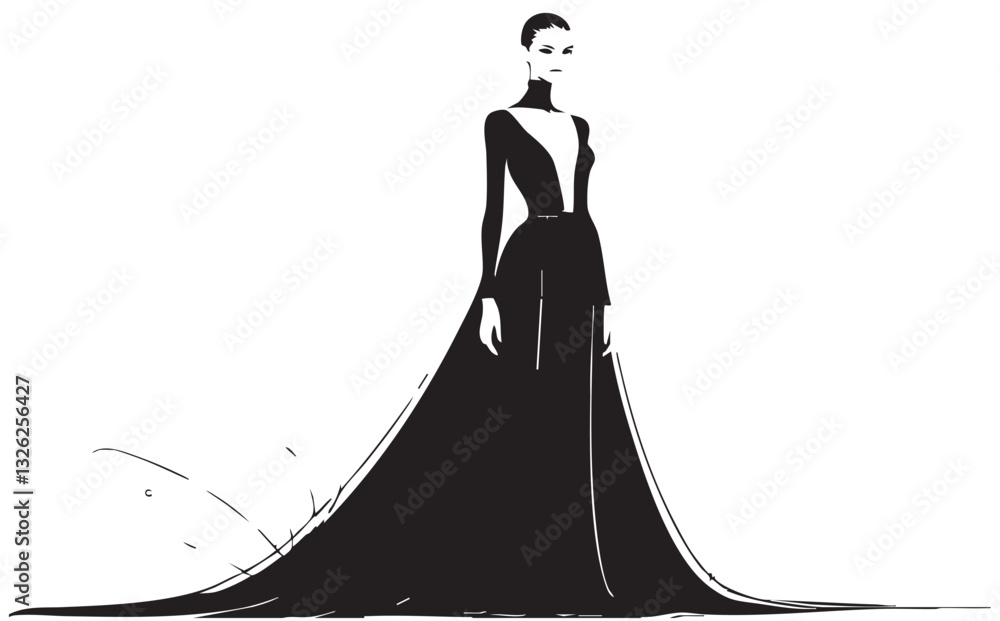 Evening cocktail black dress. Woman clothing. Silhouette sketch