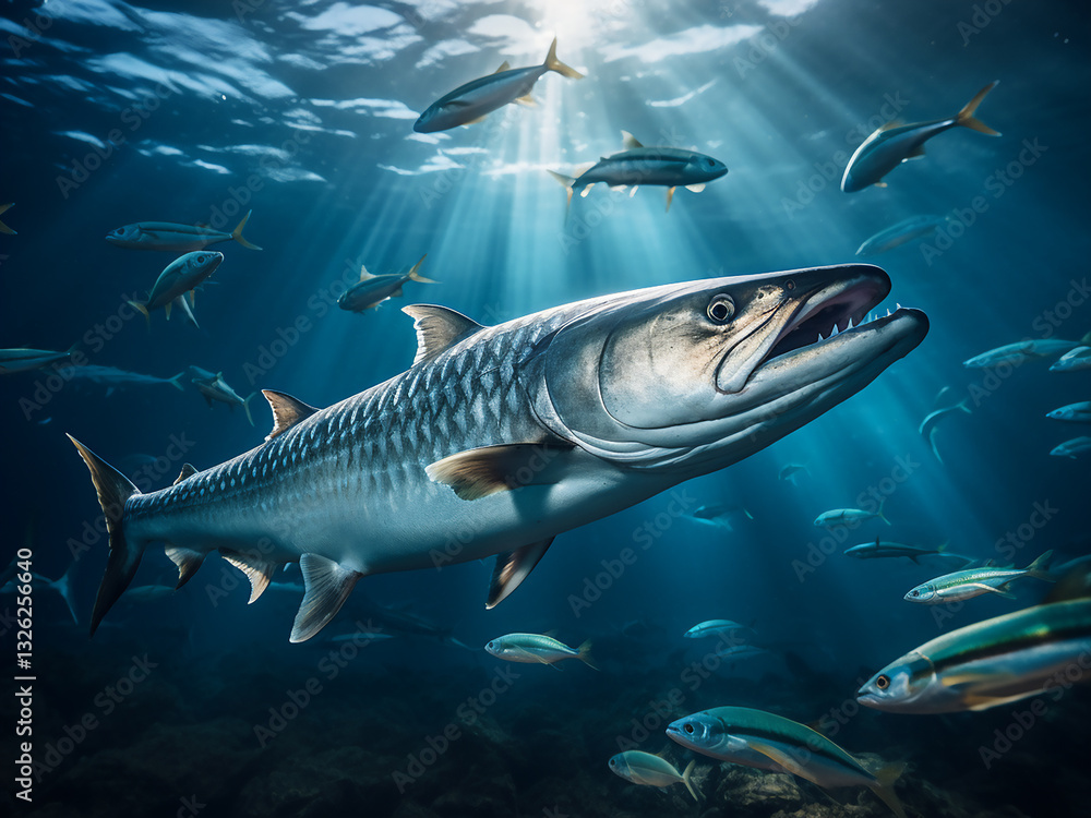 Fototapeta premium Barracuda hunting with bright silver scales flashing as the school moves swiftly with power