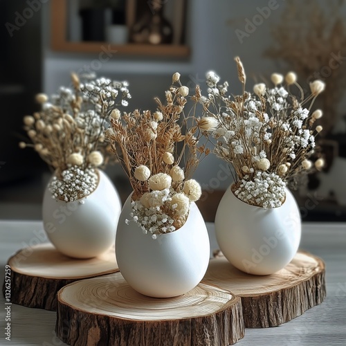 Floral Arrangement in Decorative Egg Vases With Natural Elements on a Wooden ...
