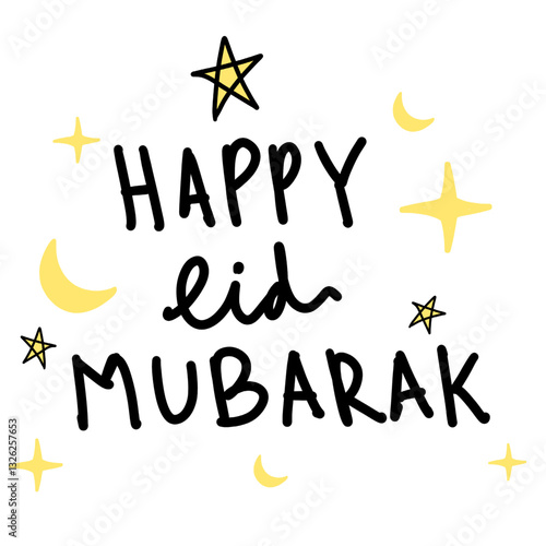 Happy Eid Mubarak Lettering or Calligraphic Logo with Islamic Ornament. Moon, Star, Vector on White Background. Suitable for Poster, Greeting Card, Flyer, Banner and Invitation