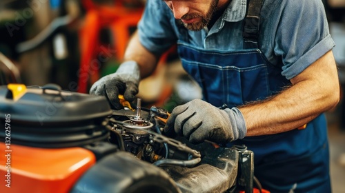 Expert Technician Fixing Lawnmower: Spark Plug Service and Maintenance in Garden Workshop