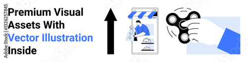 Hand holding fidget spinner, storefront with creative tools, upward arrow. Ideal for marketing, business growth, creativity, entrepreneurship, design, branding online stores flat landing page