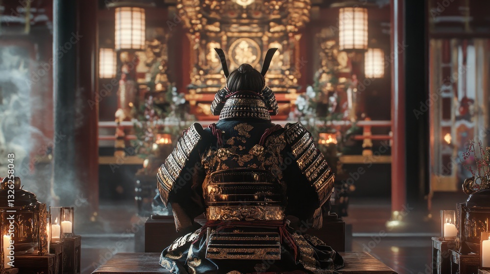 Samurai Warrior in Traditional Armor Meditating in a Serene Temple Setting with Warm Lighting a Samurai Warrior in Traditional Armor Meditating in a Serene Temple Setting with Warm Lighting a