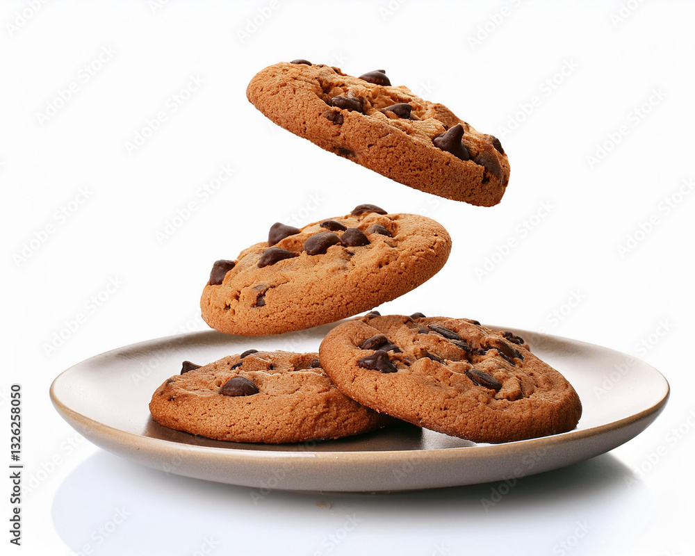 Chocolate chip cookies falling, isolated on a white or transparent background Chocolate chip cookies falling, isolated on a white or transparent background