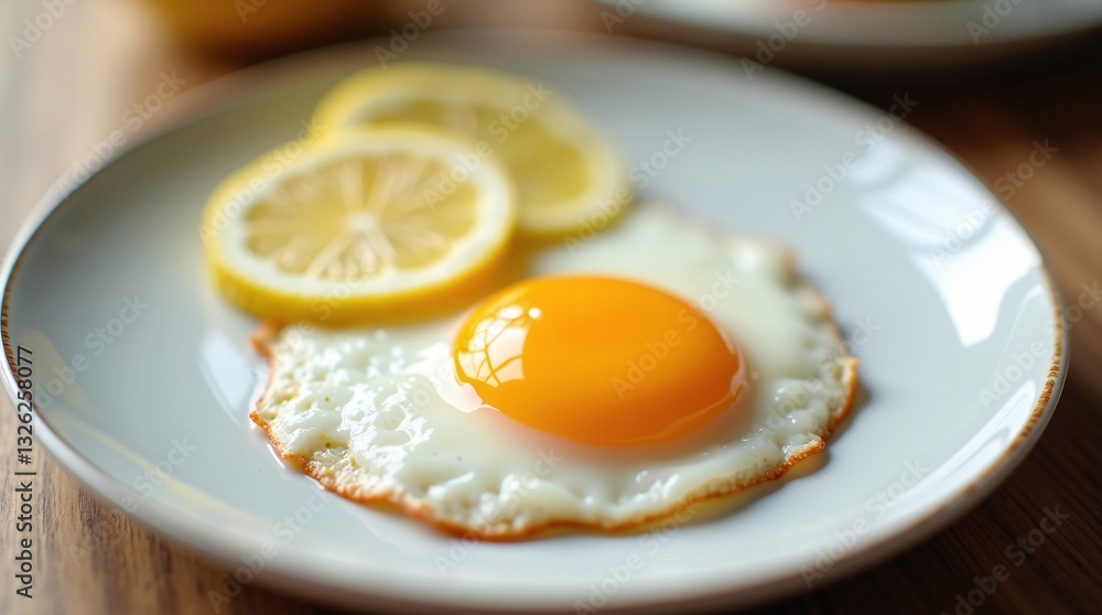Breakfast plate with fried egg and lemon slice on white tablecloth Breakfast plate with fried egg and lemon slice on white tablecloth
