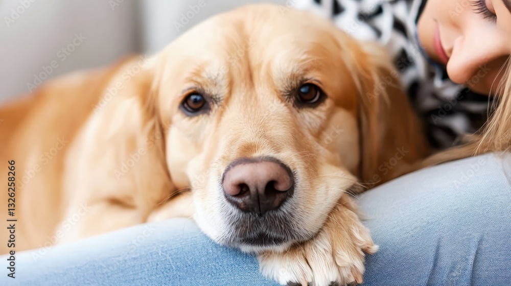 A close-up of a golden retriever resting its head on a person's lap, showcasing a warm and affectionate bond between them. A close-up of a golden retriever resting its head on a person's lap, showcasing a warm and affectionate bond between them.