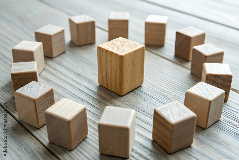 qualitative research, Wooden Building Blocks Arranged in a Circular Pattern with a Single Cube Standing Out on a Rustic Wooden Surface