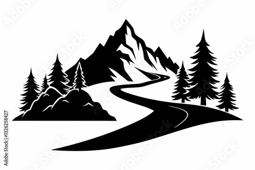 mountain with road and pine tree line art silhouette vector illustration