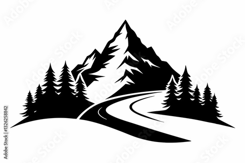 mountain with road and pine tree line art silhouette vector illustration