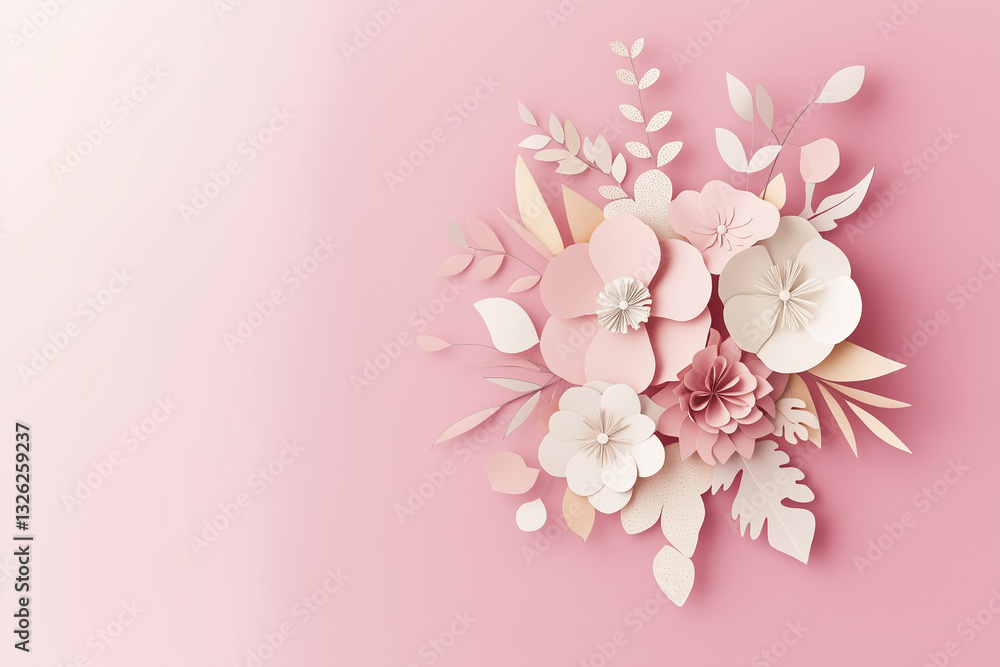 Creative flat lay illustration concept featuring fresh spring flowers in a field on a pastel blue background. Beautiful pink blooming flowers. Creative flat lay illustration concept featuring fresh spring flowers in a field on a pastel blue background. Beautiful pink blooming flowers.