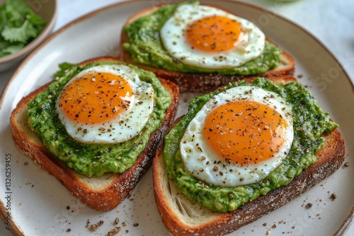 Delicious Avocado Toast Topped With Fried Eggs Served on a White Plate