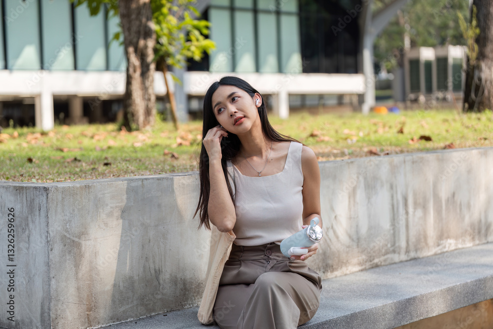 Sustainable lifestyle. Young woman enjoying a reusable cup while sitting outdoors. Sustainable lifestyle. Young woman enjoying a reusable cup while sitting outdoors.