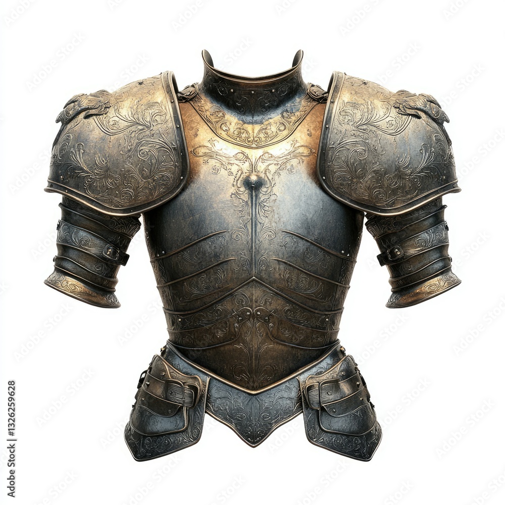 Lion-Style Armor Suit for Knights: 3D Illustration of Medieval Body Protection with Large Shoulder Pads on Isolated White Background Lion-Style Armor Suit for Knights: 3D Illustration of Medieval Body Protection with Large Shoulder Pads on Isolated White Background