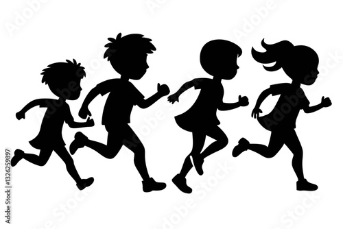 running childrens line art silhouette vector illustration