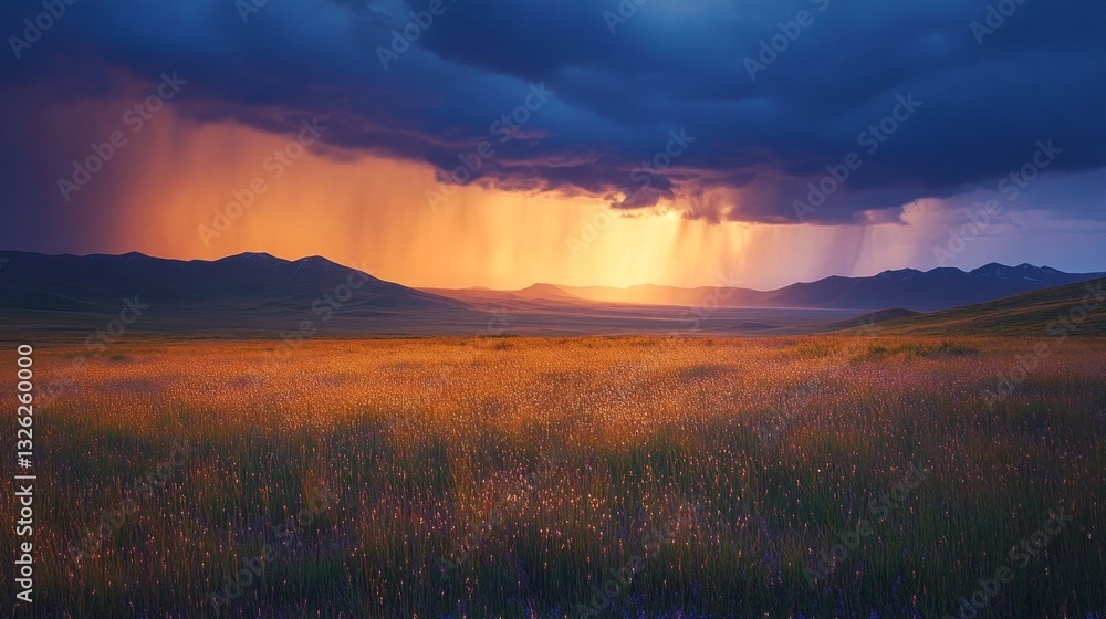 Obraz premium Dark clouds blanket the high mountain plateau, unleashing a torrential rain that dances across the vibrant landscape