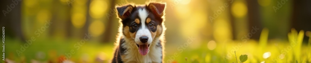 Playful tri-coloured Aussie pup in dappled sunlight, woodland setting, brown, puppy Playful tri-coloured Aussie pup in dappled sunlight, woodland setting, brown, puppy