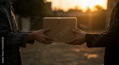 Handing Cardboard Box Delivery During Sunset with Two People