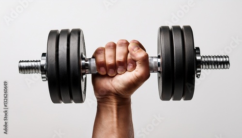 A close up view of a male hand holding a black dumbbell with a white backgroud