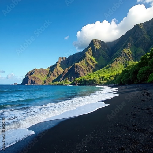 Pristine black sand beach, towering Waipio Valley backdrop Breathtaking coastal scene , black sand beach, scenic photo