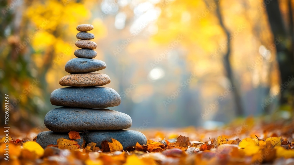 Obraz premium Balanced stone tower in a tranquil autumn forest representing harmony and nature s beauty