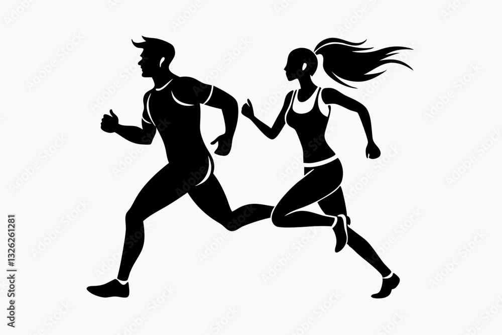 running couple line art silhouette vector illustration running couple line art silhouette vector illustration
