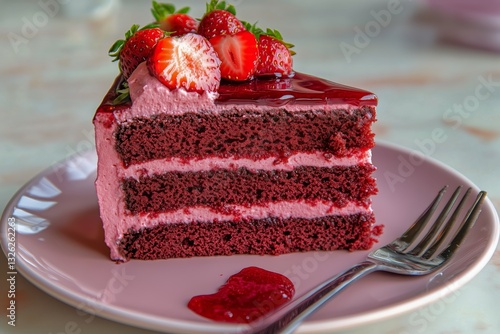 Delicious Red Velvet Cake Slice Topped With Fresh Strawberries and Cream on a...