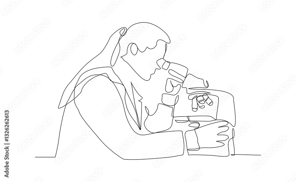 Continuous line single line of woman professional scientist microscope science technology for biology research and laboratory microbiology. Sketch drawing editable stroke vector illustration Continuous line single line of woman professional scientist microscope science technology for biology research and laboratory microbiology. Sketch drawing editable stroke vector illustration