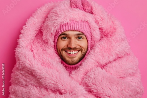 Warm and cozy man wrapped in fluffy pink blanket with matching hat against bright pink background