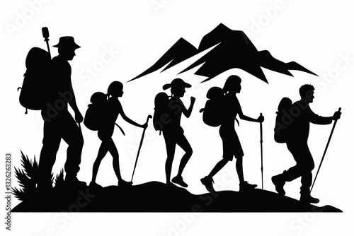 trekking men and women line art silhouette vector illustration