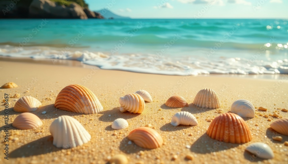 Seashells scattered on golden sand near ocean, holiday, macro, sea Seashells scattered on golden sand near ocean, holiday, macro, sea