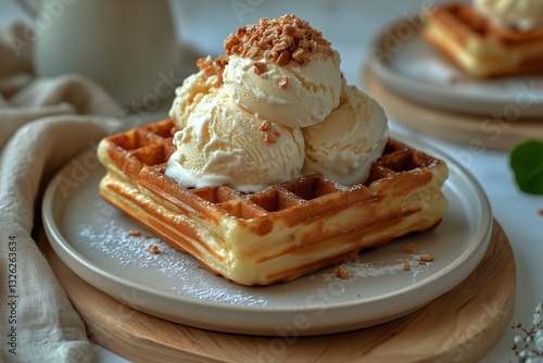Delicious Waffles Stacked With Creamy Ice Cream Served on a Decorative Plate