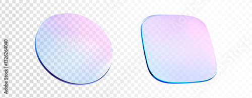 3d glass disk and square shape. Holographic crystal glass plate transparent. Blue purple gradient 3d shape prism effect. Hologram flying podium, badge, crystal. Vector realistic illustration