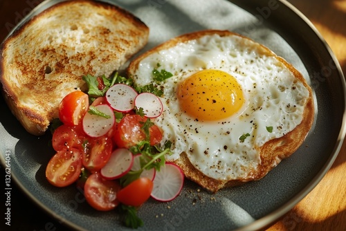 Fresh Breakfast Spread With Fried Egg, Toast, and Vibrant Salad on a Rustic P...