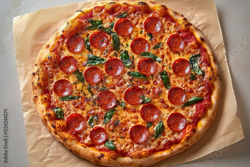 Delicious Pepperoni Pizza Topped With Fresh Basil on a Light Surface