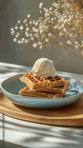Delicious Waffles Topped With Vanilla Ice Cream in a Decorative Bowl
