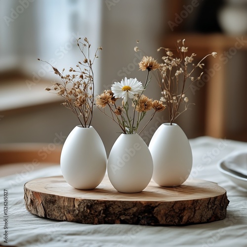 Minimalist Decor With Three Ceramic Vases Holding Dried Flowers on a Wooden Tray