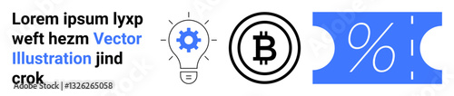 Bitcoin logo, light bulb for ideas, and a percentage discount ticket. Ideal for cryptocurrency, innovation, finance, marketing, savings e-commerce technology concepts. Abstract line flat metaphor