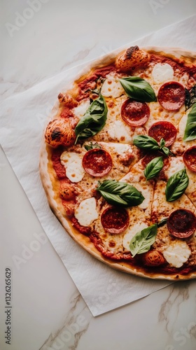 Delicious Pepperoni Pizza Topped With Fresh Basil on a Marble Countertop