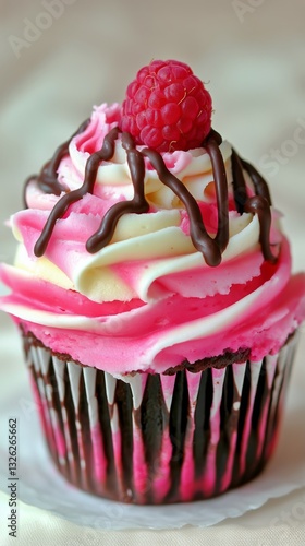 Delicious Raspberry Topped Cupcake With Vibrant Pink Frosting and Chocolate D...
