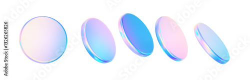 3d glass disk shape hologram effect. Render abstract neon pink blue coin set. Fly round podium, disc, badge, lens, plate crystal isolation. Y2k hologram shape. Vector trendy illustration